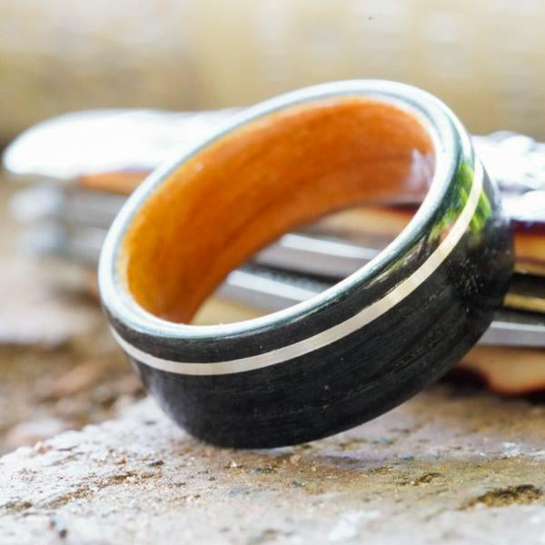 Weathered Whiskey Barrel & Black Cherry Wood Wedding Ring with Offset Sterling Silver Inlay