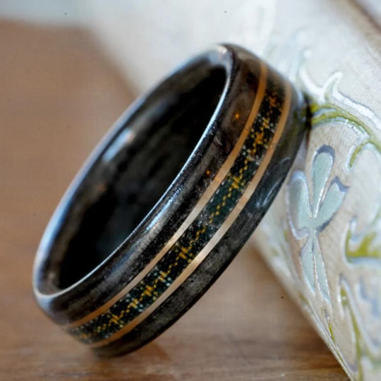 (In Stock) Scots-Irish Tartan Ring - Rosewood with Irish National Tartan & Dual Yellow Gold Inlays  Size 8.25/9mm