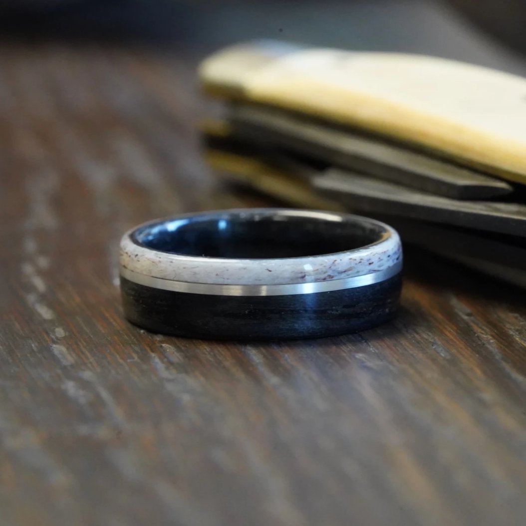 (In-Stock) Weathered Maker's Mark Whiskey Barrel with Colorado Elk Antler Edge and Offset Silver Inlay  Size 9.5/ 8mm Wide