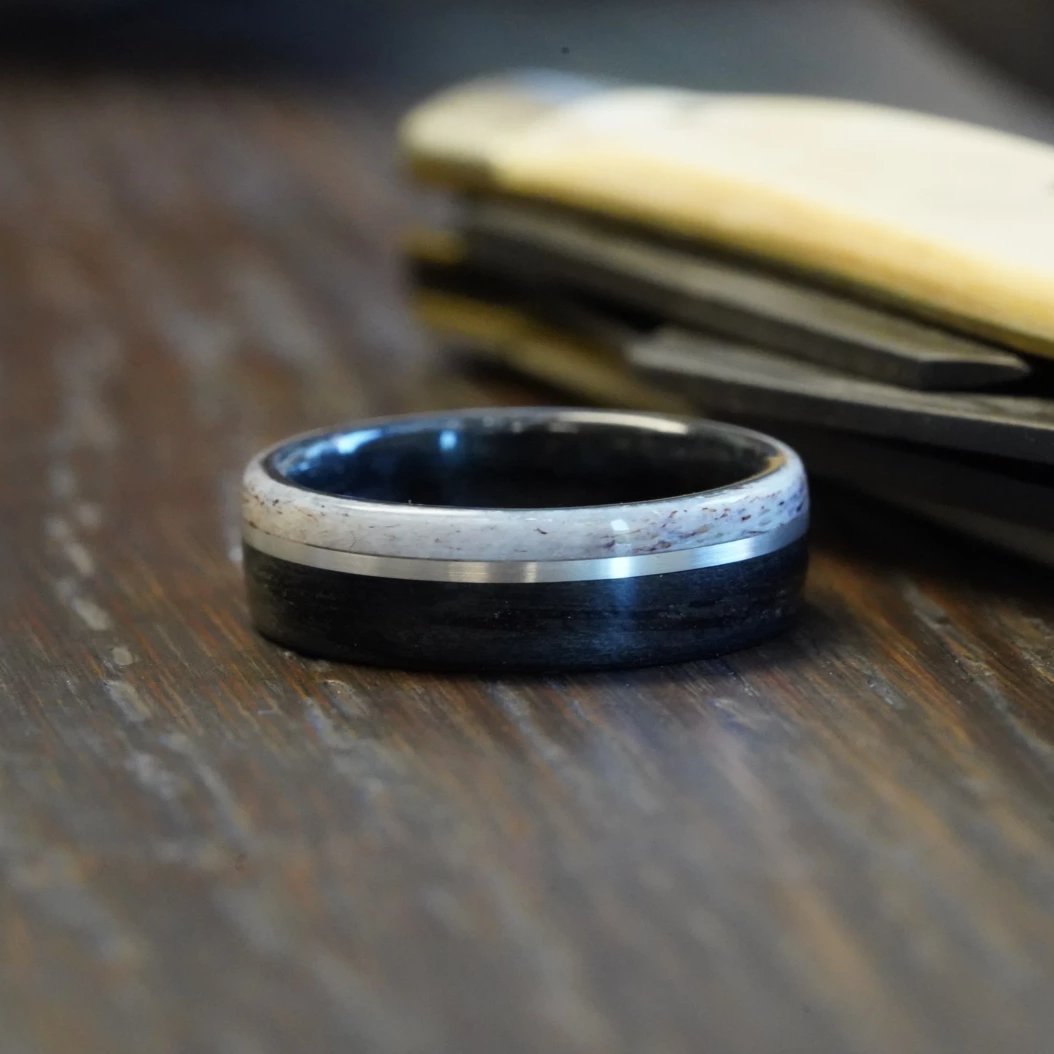 (In-Stock) Weathered  Maker's Mark Whiskey Barrel with Colorado Elk Antler Edge and Offset Silver Inlay  Size 10.25/8mm Wide