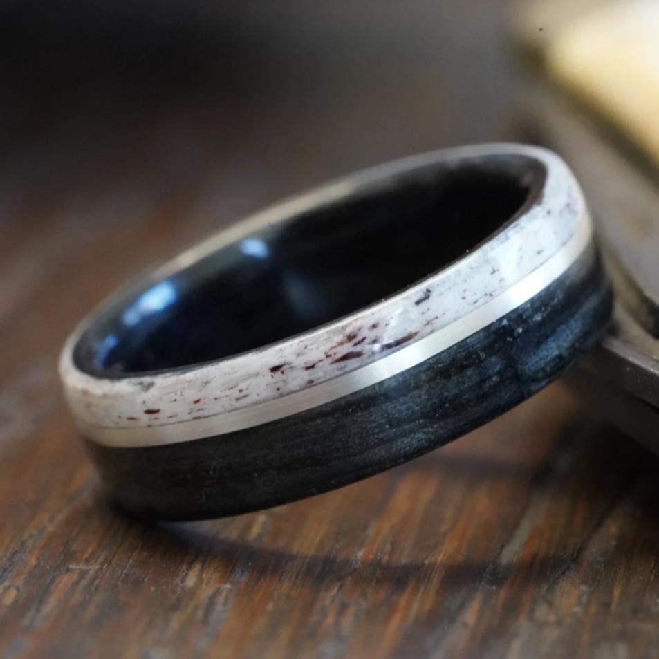 (In-Stock) Weathered Maker's Mark Whiskey Barrel with Colorado Elk Antler Edge and Offset White Gold Inlay  Size 12.75 / 7 mm Wide