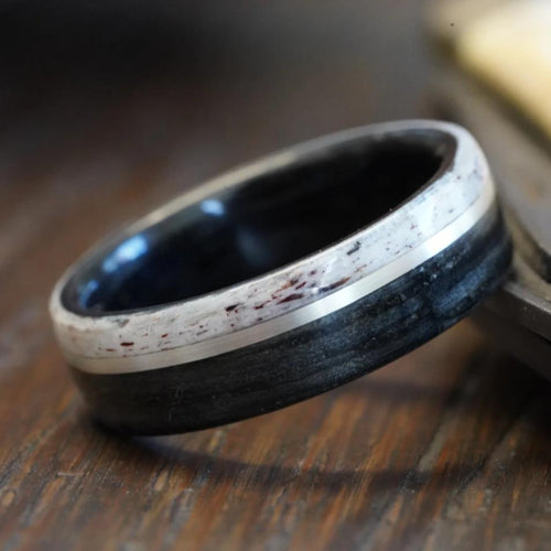 (In-Stock) Weathered Wild Turkey Whiskey Barrel with Colorado Elk Antler Edge and Offset White Gold Inlay  Size 9.75 / 8 mm Wide