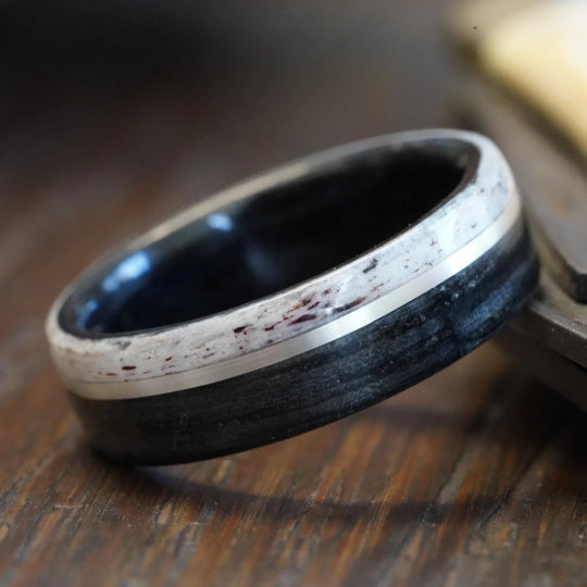 (In-Stock) Weathered Buffalo Trace Whiskey Barrel with Colorado Elk Antler Edge and Offset White Gold Inlay  Size 10.5/ 9mm Wide