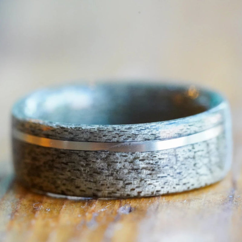 (In-Stock) Weathered Maple w/ Offset White Gold Inlay - Size 6.5/7mm Wide
