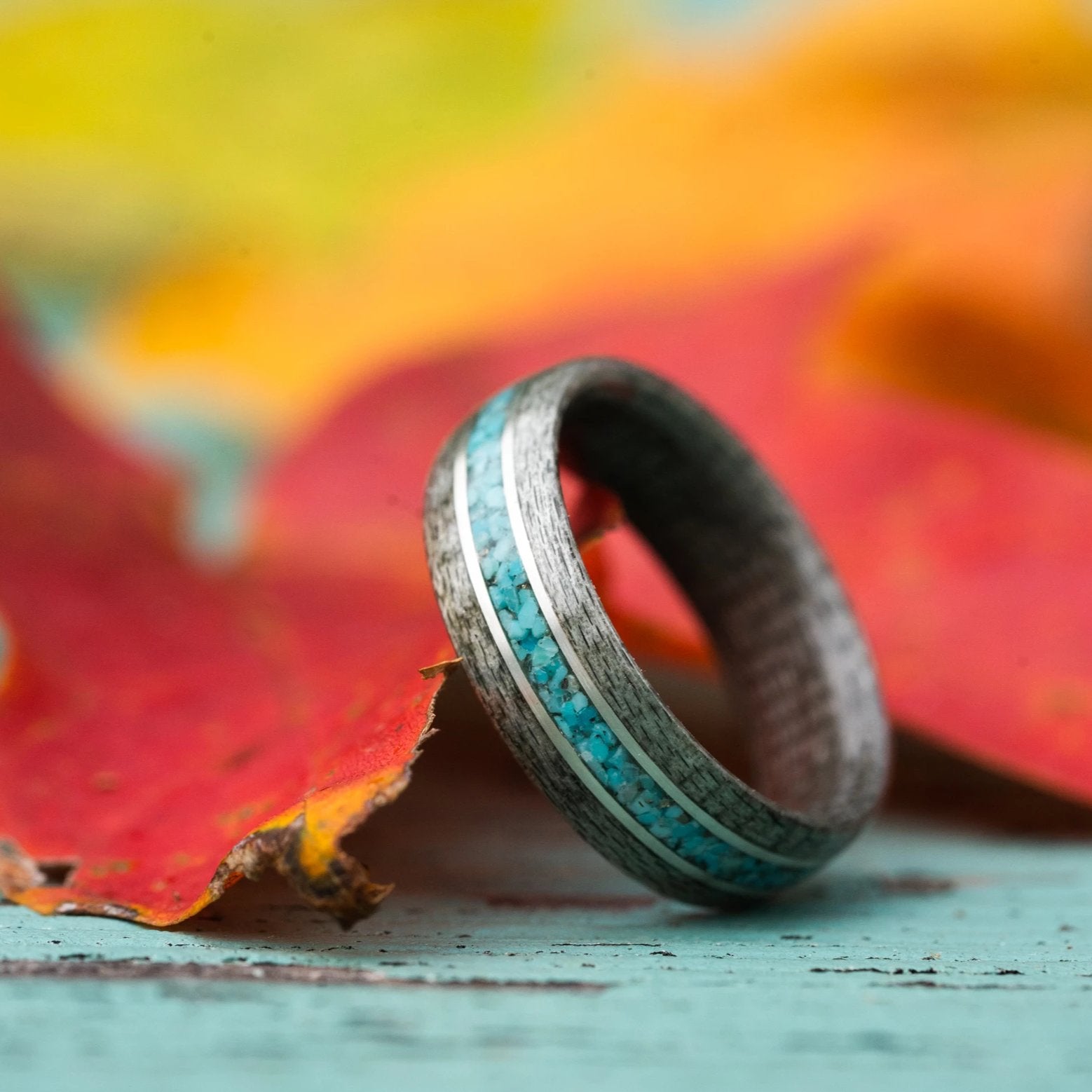 (In-Stock) Weathered Maple & Turquoise w/ Dual Sterling Silver Inlays - Size 6.5/6 mm Wide