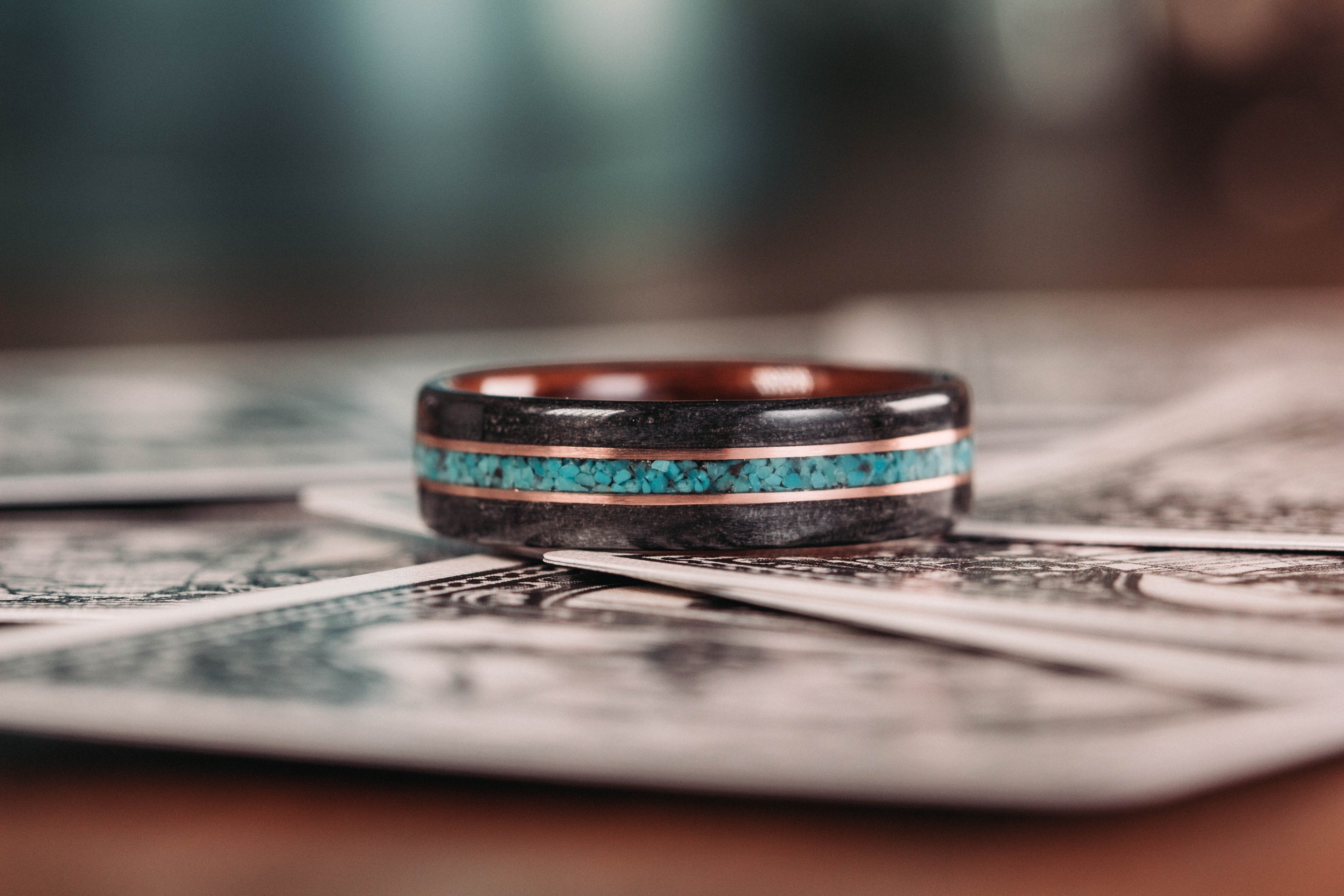 (In-Stock) Weathered Maker's Mark & M1 Garand Liner w/ Turquoise and Rose Gold - Size 12/7 mm Wide