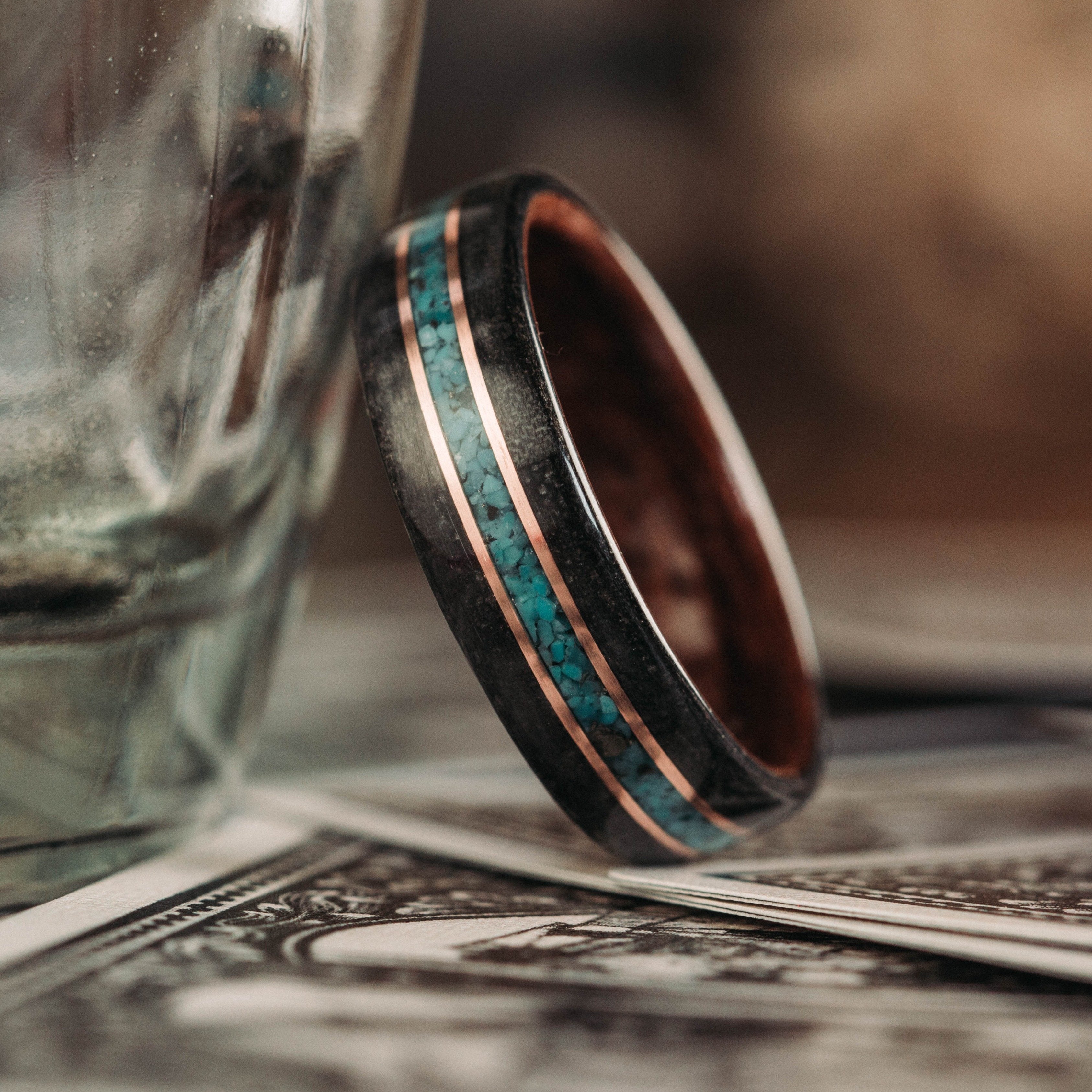 (In-Stock) Weathered Maker's Mark & M1 Garand Liner w/ Turquoise and Rose Gold - Size 12/7 mm Wide