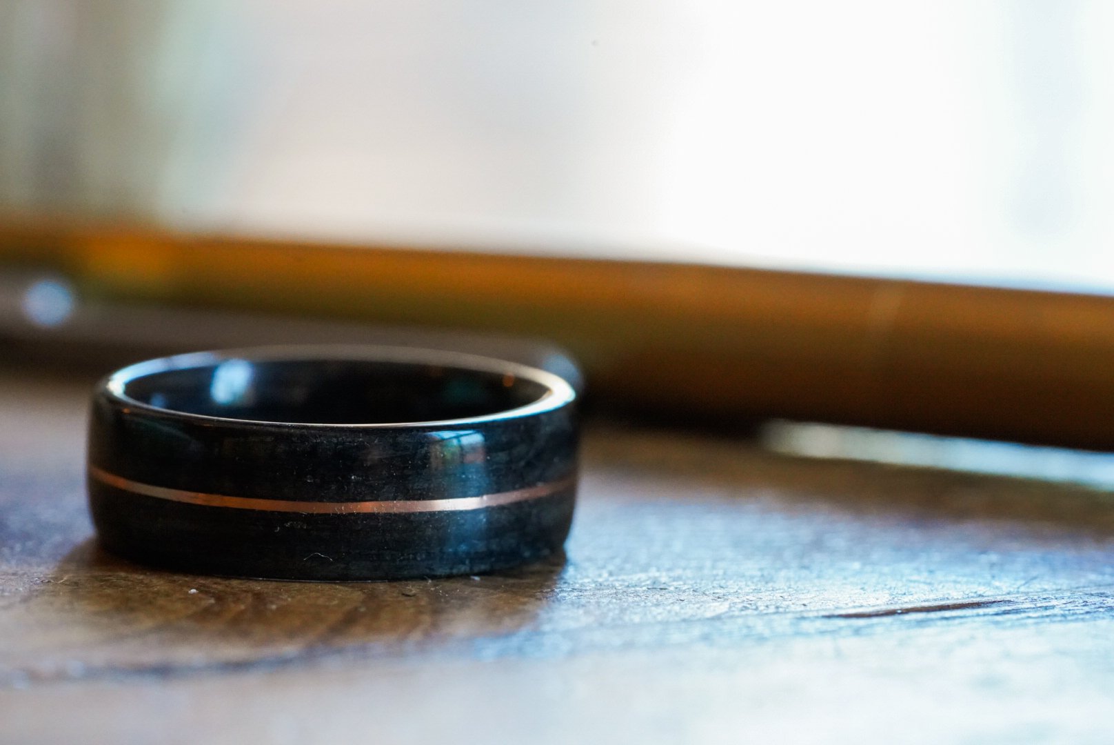 (In-Stock) Weathered Jack Daniel's Whiskey Barrel w/Centered Rose Gold - Size 7.5/7 mm Wide
