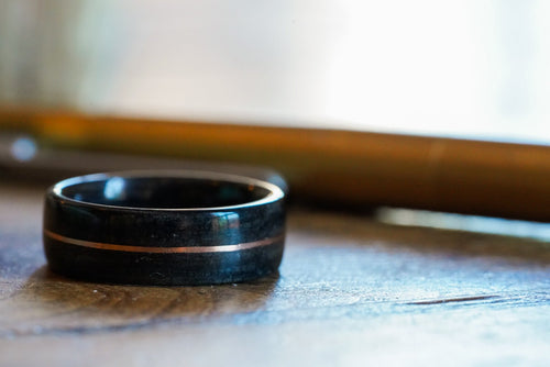(In-Stock) Weathered Jack Daniel's Whiskey Barrel w/Centered Rose Gold - Size 7.5/7 mm Wide