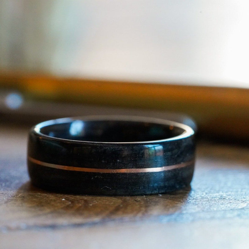 (In-Stock) Weathered Buffalo Trace Whiskey Barrel w/Centered Rose Gold - Size 14.25/9 mm Wide