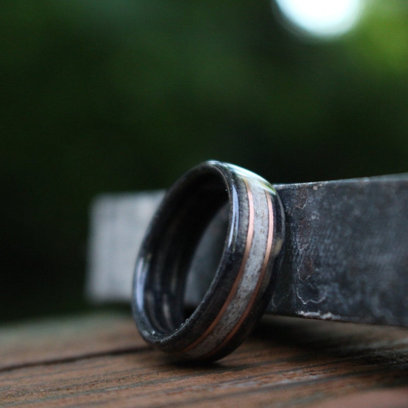 (In-Stock) Weathered Jack Daniel's & Elk w/Double Rose Gold - Size 12/9 mm Wide