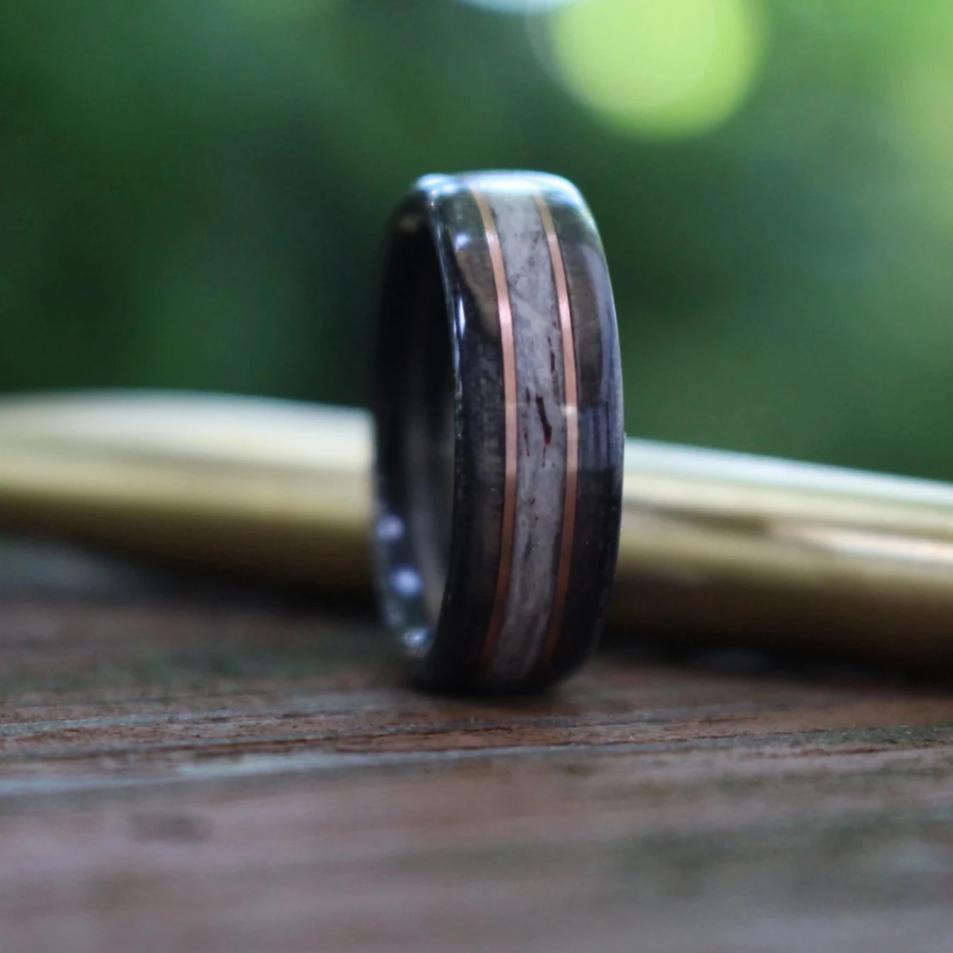 (In-Stock) Weathered Wild Turkey & Elk w/Double Rose Gold - Size 7.75 / 7mm Wide