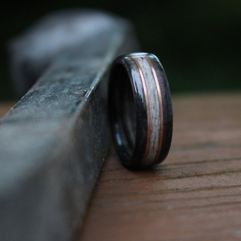 (In-Stock) Weathered Jack Daniel's & Elk w/Double Rose Gold - Size 12/9 mm Wide