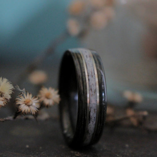 (In-Stock) Weathered Jack Daniel's & Elk w/Double White Gold - Size 8.5/8 mm Wide