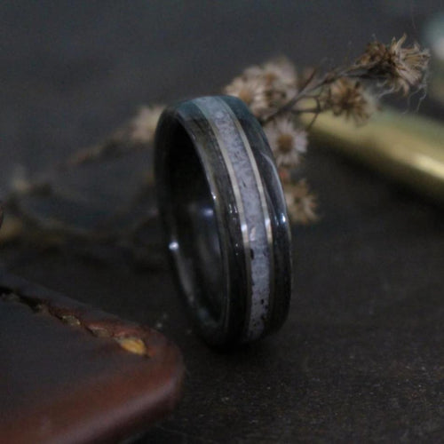(In-Stock) Weathered Jack Daniel's & Elk w/Double White Gold - Size 8.75/8 mm Wide
