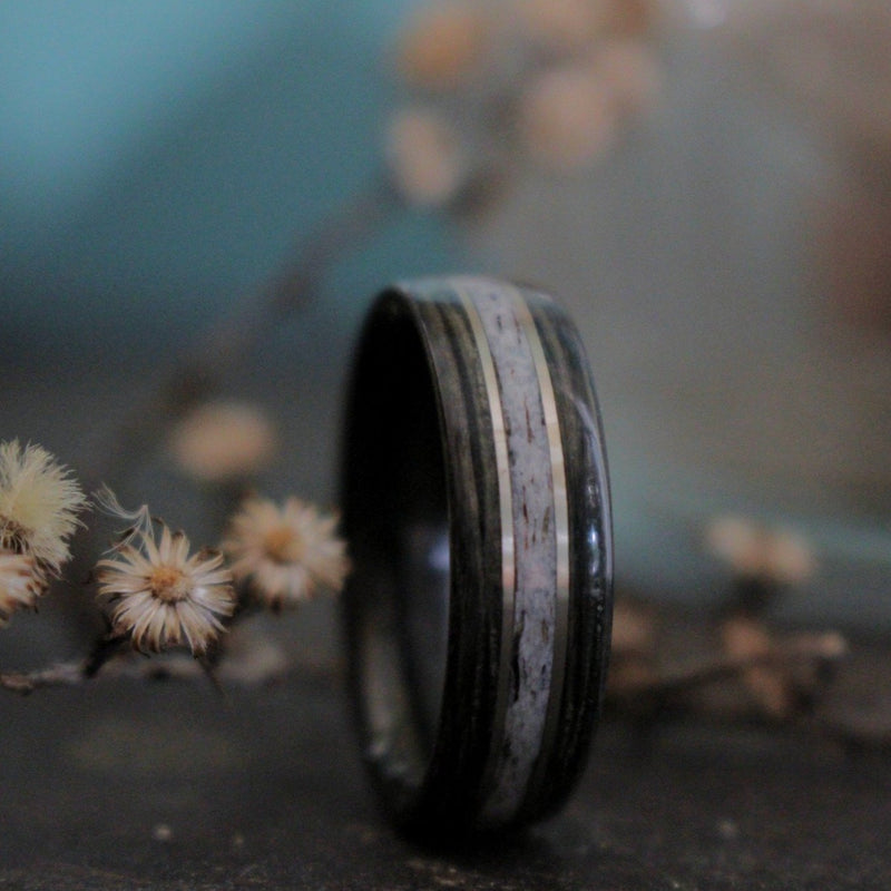 (In-Stock) Weathered Jack Daniel's & Elk w/Double White  Gold - Size 10.75 / 9 mm Wide