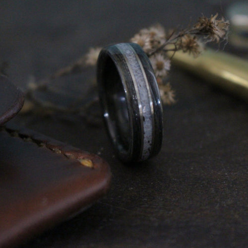 (In-Stock) Weathered Jack Daniel's & Elk w/Double White  Gold - Size 10.75 / 9 mm Wide