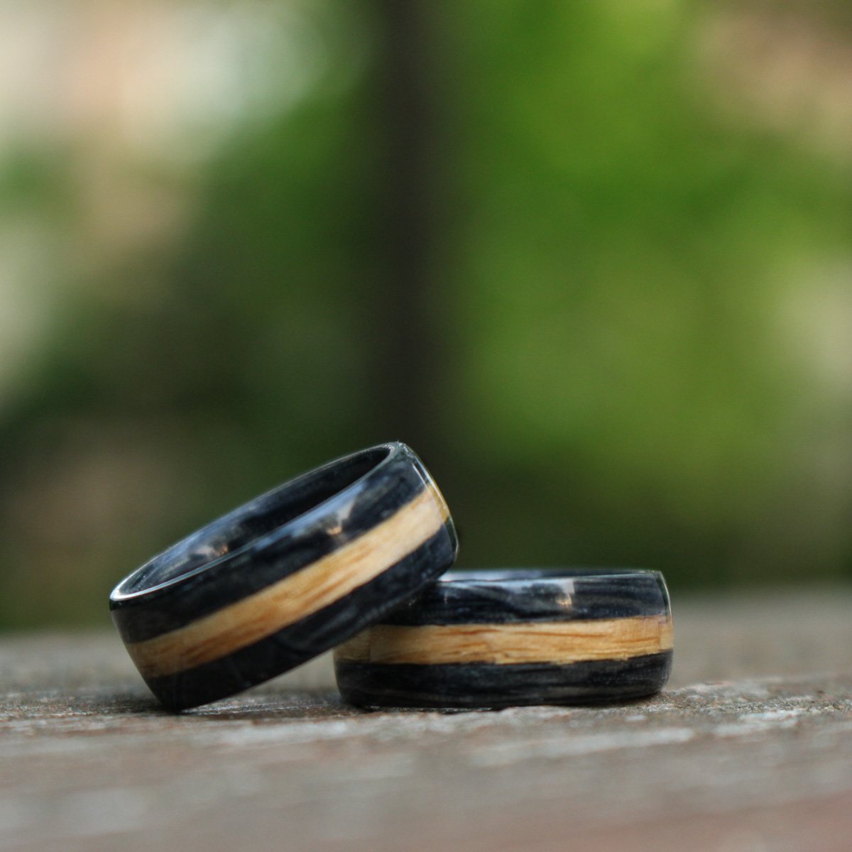 Weathered Whiskey Barrel Wood Wedding Ring with Natural Whiskey Inlay