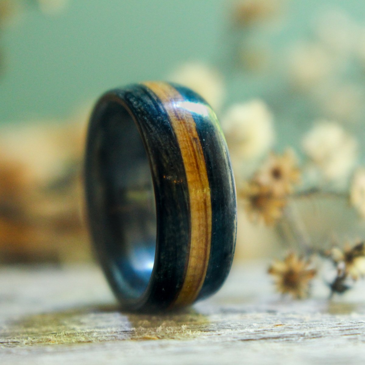 Weathered Whiskey Barrel Wood Wedding Ring with Natural Whiskey Inlay