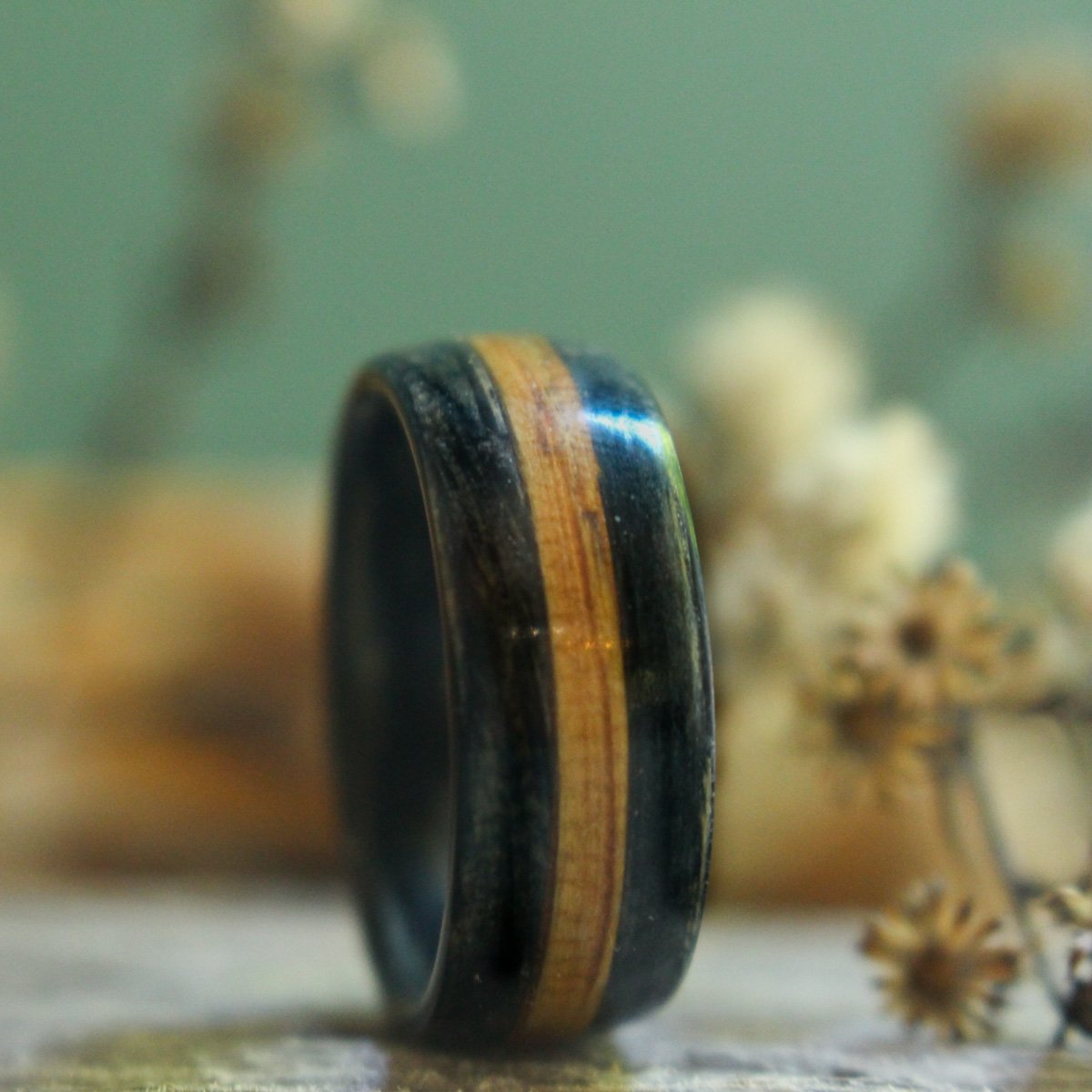 Weathered Whiskey Barrel Wood Wedding Ring with Natural Whiskey Inlay