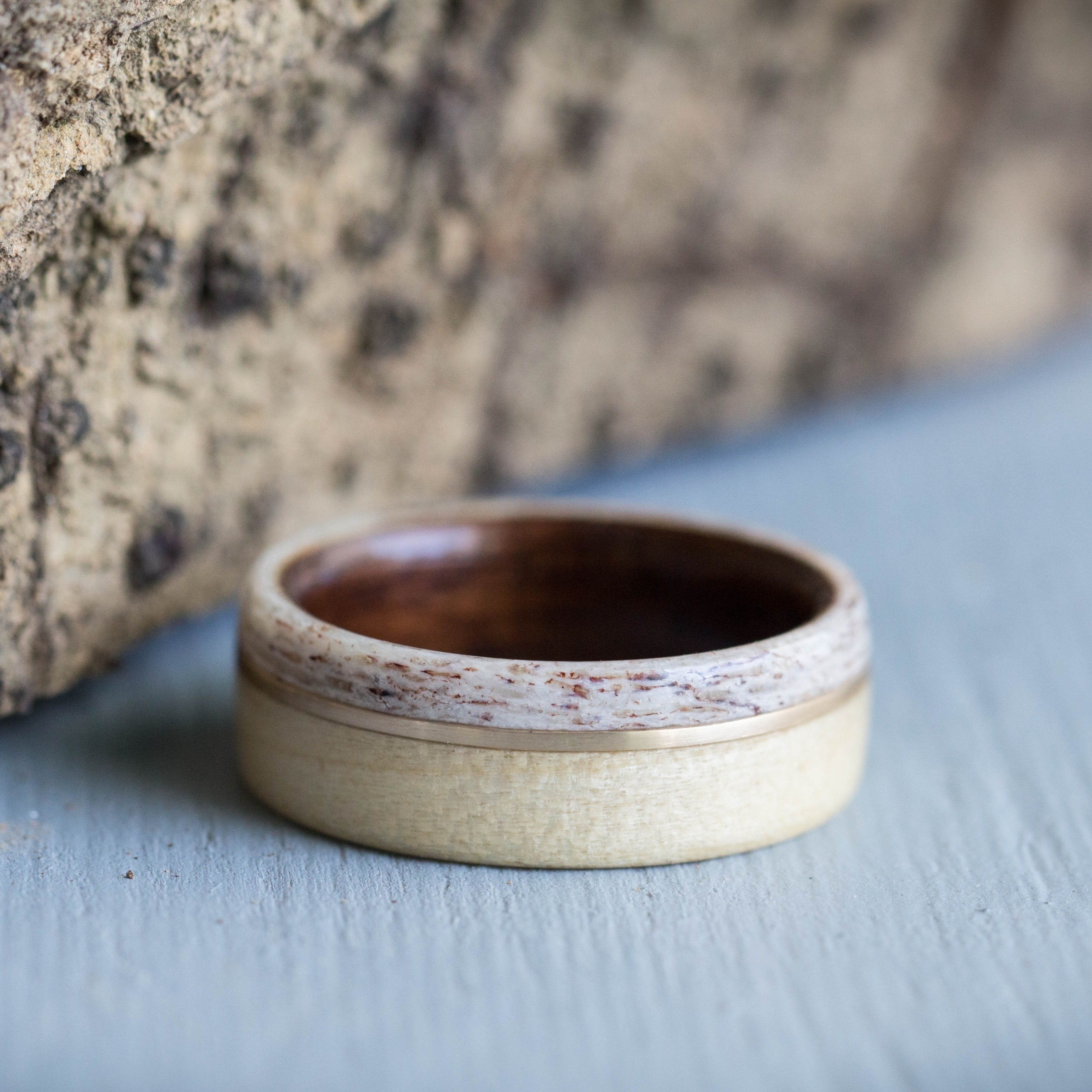 (In-Stock) Custom Wood and M1 Garand Liner with Colorado Elk Antler Edge and Offset Yellow Gold Inlay  Size 9/8mm Wide