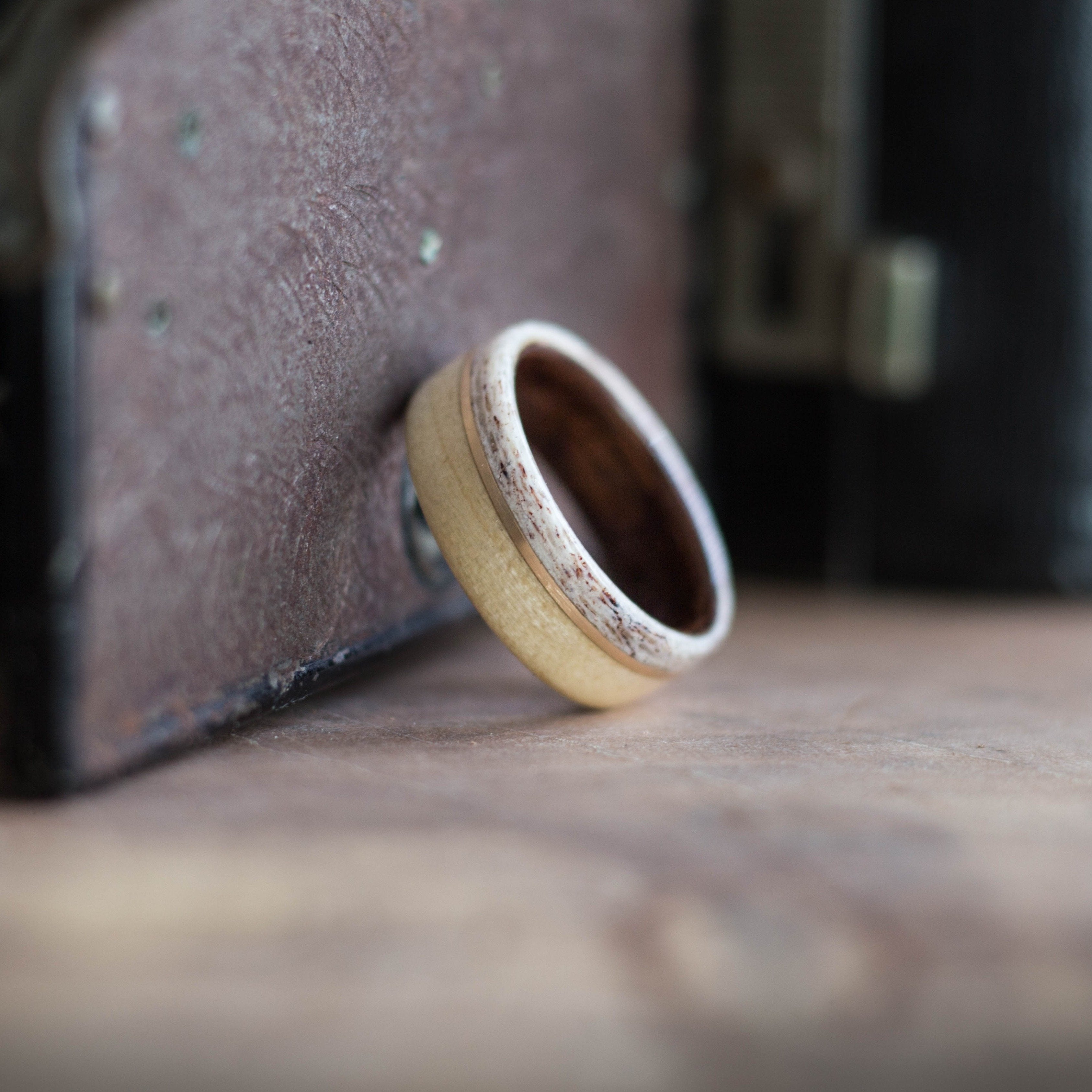 (In-Stock) Custom Wood and M1 Garand Liner with Colorado Elk Antler Edge and Offset Yellow Gold Inlay  Size 9/8mm Wide