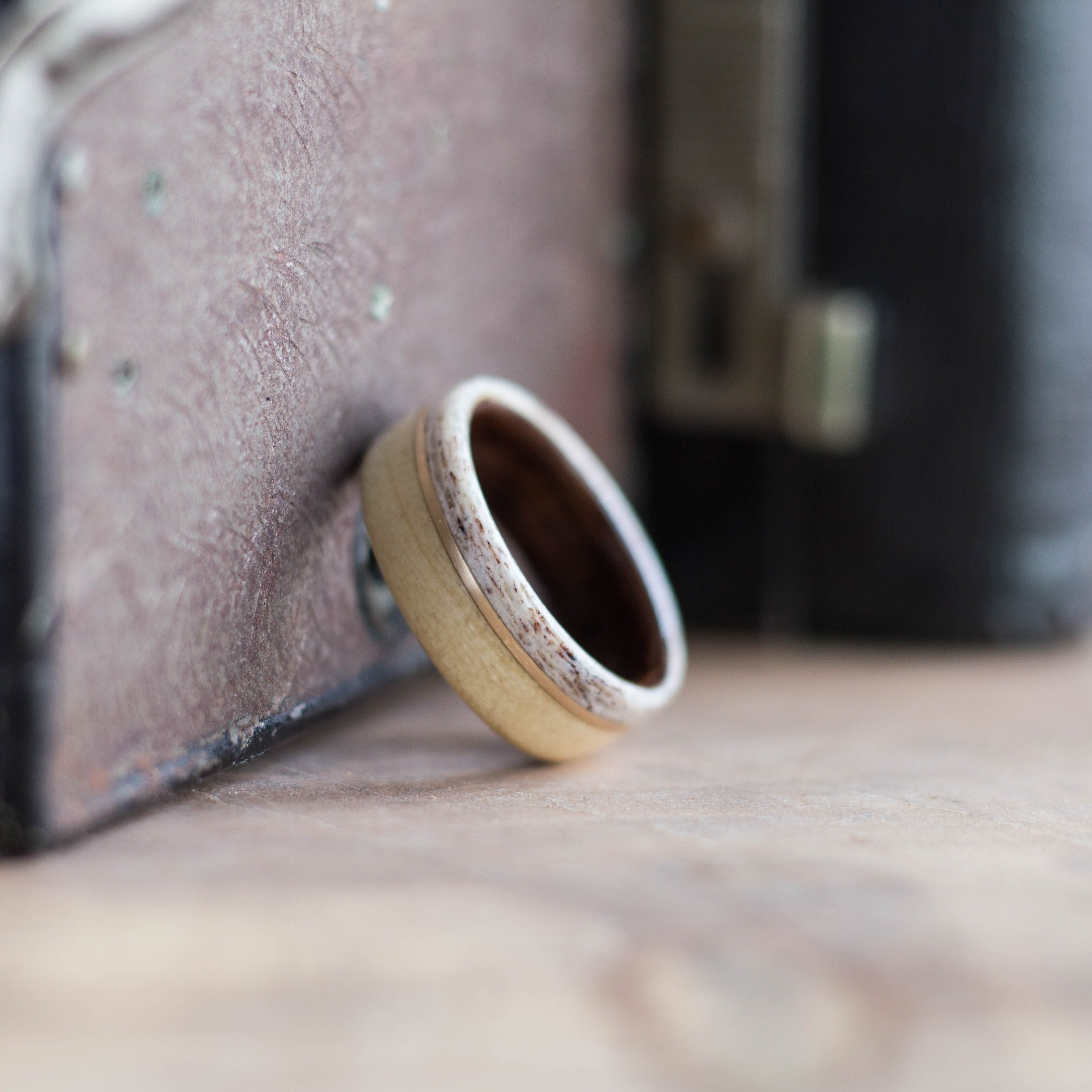 (In-Stock) Custom Wood and M1 Garand Liner with Colorado Elk Antler Edge and Offset Yellow Gold Inlay  Size 9/8mm Wide