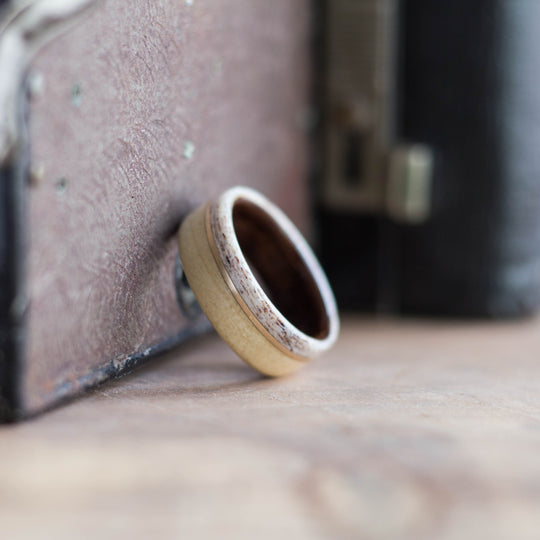 (In-Stock) Custom Wood and M1 Garand Liner with Colorado Elk Antler Edge and Offset Yellow Gold Inlay  Size 9/8mm Wide