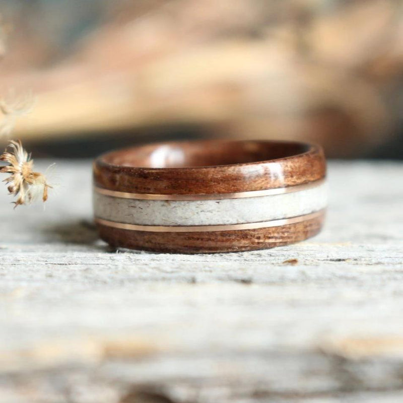 In-Stock Ring - (In-Stock) Antique Walnut W/Elk And Double Rose Gold - Size 6.5/5.5 Mm Wide