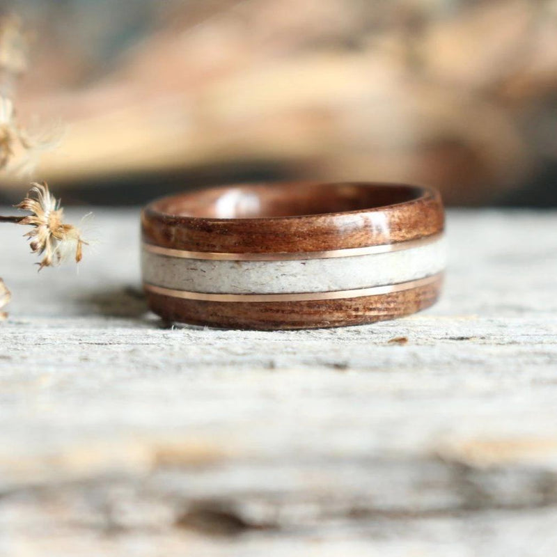 In-Stock Ring - (In-Stock) Antique Walnut W/Elk And Double Rose Gold - Size 6.5/5.5 Mm Wide