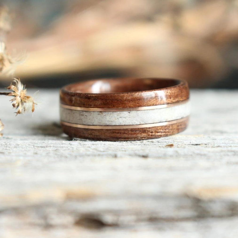 In-Stock Ring - (In-Stock) Antique Walnut W/Elk And Double Rose Gold - Size 6.5/5.5 Mm Wide