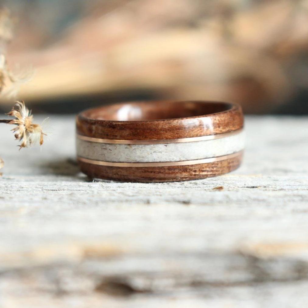 In-Stock Ring - (In-Stock) Antique Walnut W/Elk And Double Rose Gold - Size 6.5/5.5 Mm Wide