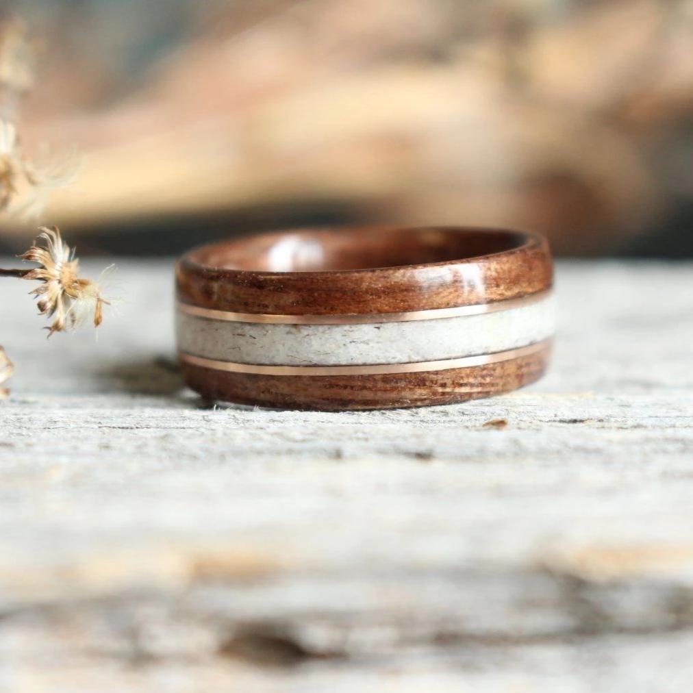 In-Stock Ring - (In-Stock) Antique Walnut W/Elk And Double Rose Gold - Size 6.5/5.5 Mm Wide