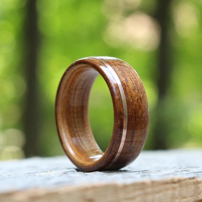 In-Stock Ring - (In-Stock) Teak & Whiskey - Makers Mark W/Offset Rose Gold Inlay - Size 12/8 Mm Wide