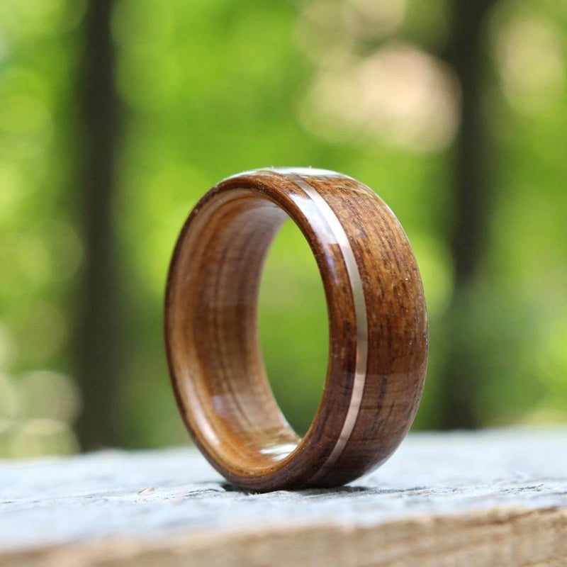 In-Stock Ring - (In-Stock) Teak & Whiskey - Wild Turkey W/Offset Rose Gold Inlay - Size 13.5/9mm Wide