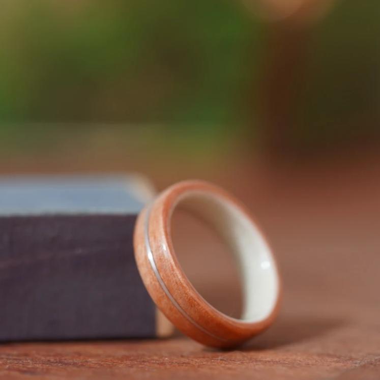 (In-Stock) Pink Ivory w/ Holly and Centered Silver Inlay - Size 6.25/5.5 mm Wide