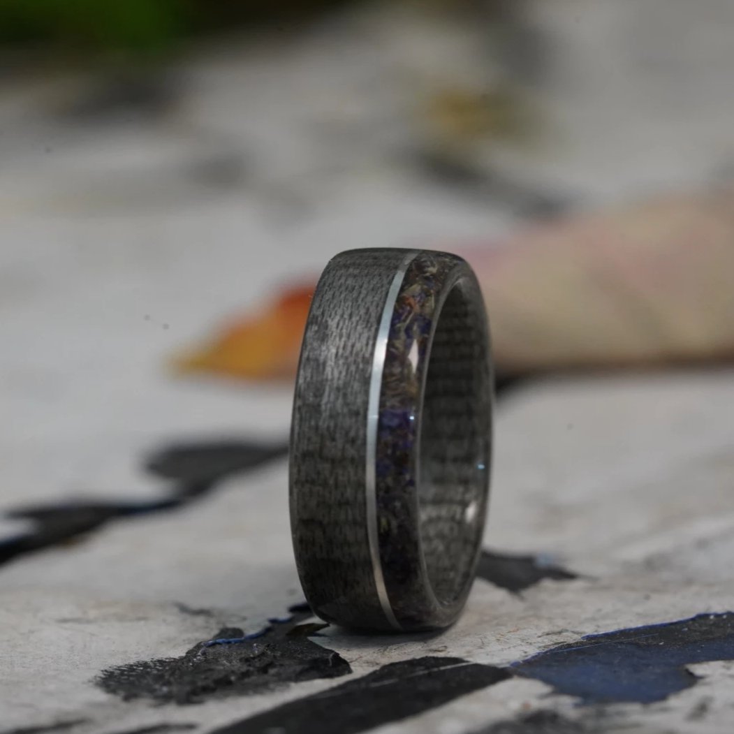 (In-Stock) Weathered Maple and Lavender w/ Offset Sterling Silver Inlay - Size 7/7mm Wide