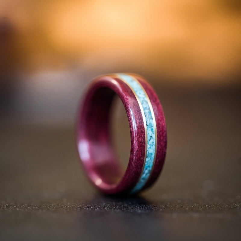 (In-Stock) Purple Heart Wood w/Turquoise Inlay & Dual Yellow Gold - Size 10/8mm Wide