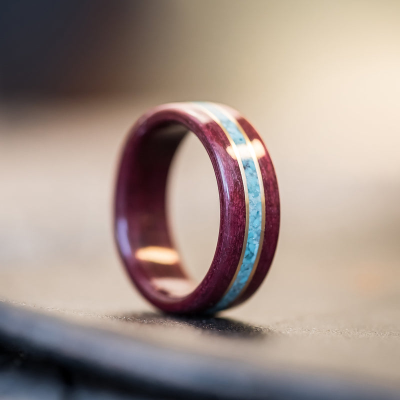 (In-Stock) Purple Heart Wood w/Turquoise Inlay & Dual Yellow Gold - Size 10/8mm Wide