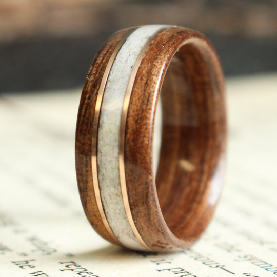 Rings - Antique Walnut Wood Wedding Ring With Colorado Elk Antler And Double Rose Gold Inlays