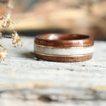 Rings - Antique Walnut Wood Wedding Ring With Colorado Elk Antler And Double Rose Gold Inlays