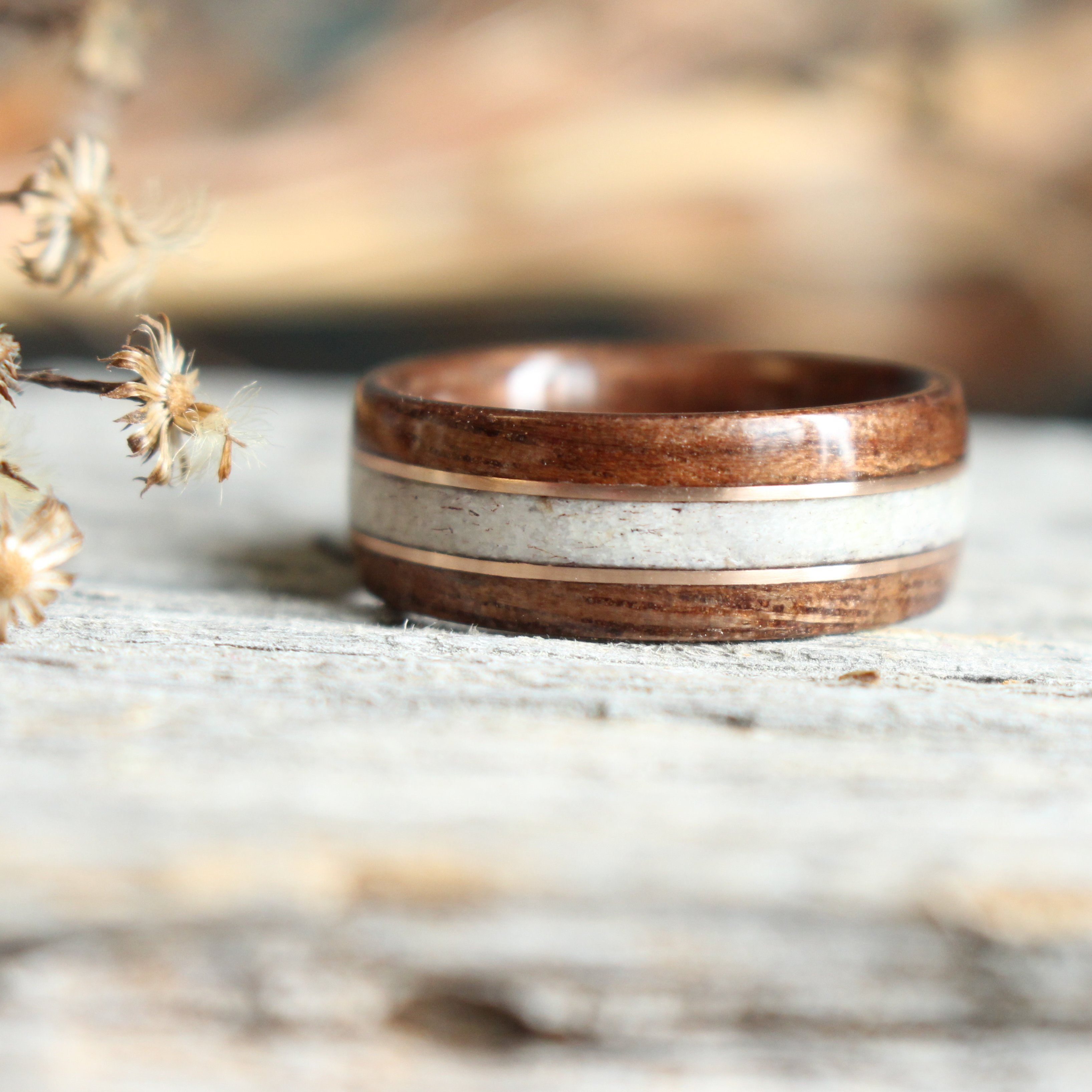Rings - Antique Walnut Wood Wedding Ring With Colorado Elk Antler And Double Rose Gold Inlays
