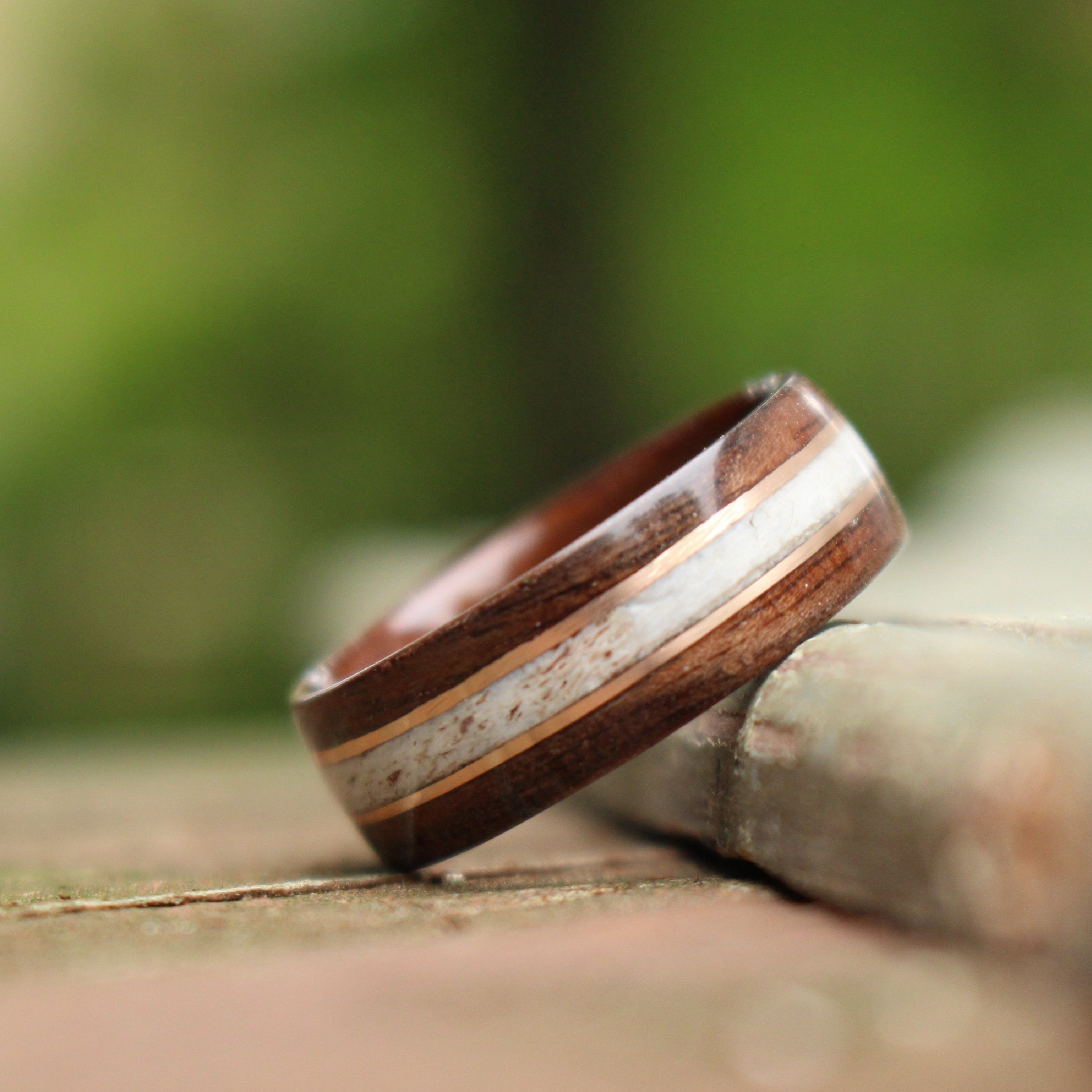 Rings - Antique Walnut Wood Wedding Ring With Colorado Elk Antler And Double Rose Gold Inlays