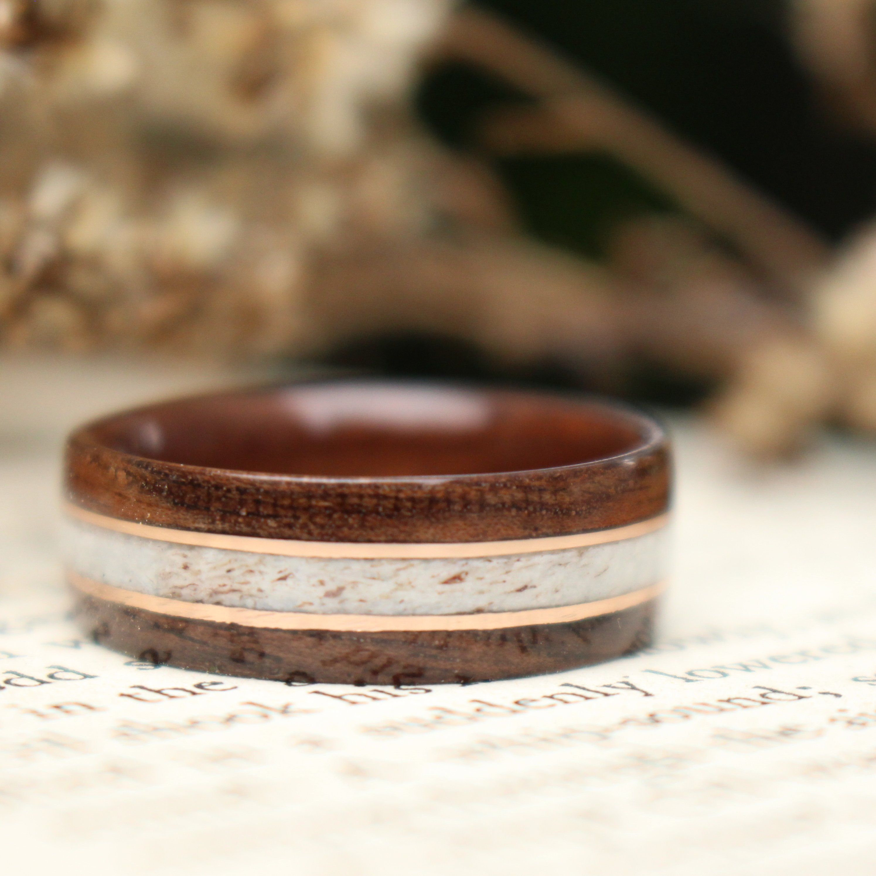 Rings - Antique Walnut Wood Wedding Ring With Colorado Elk Antler And Double Rose Gold Inlays