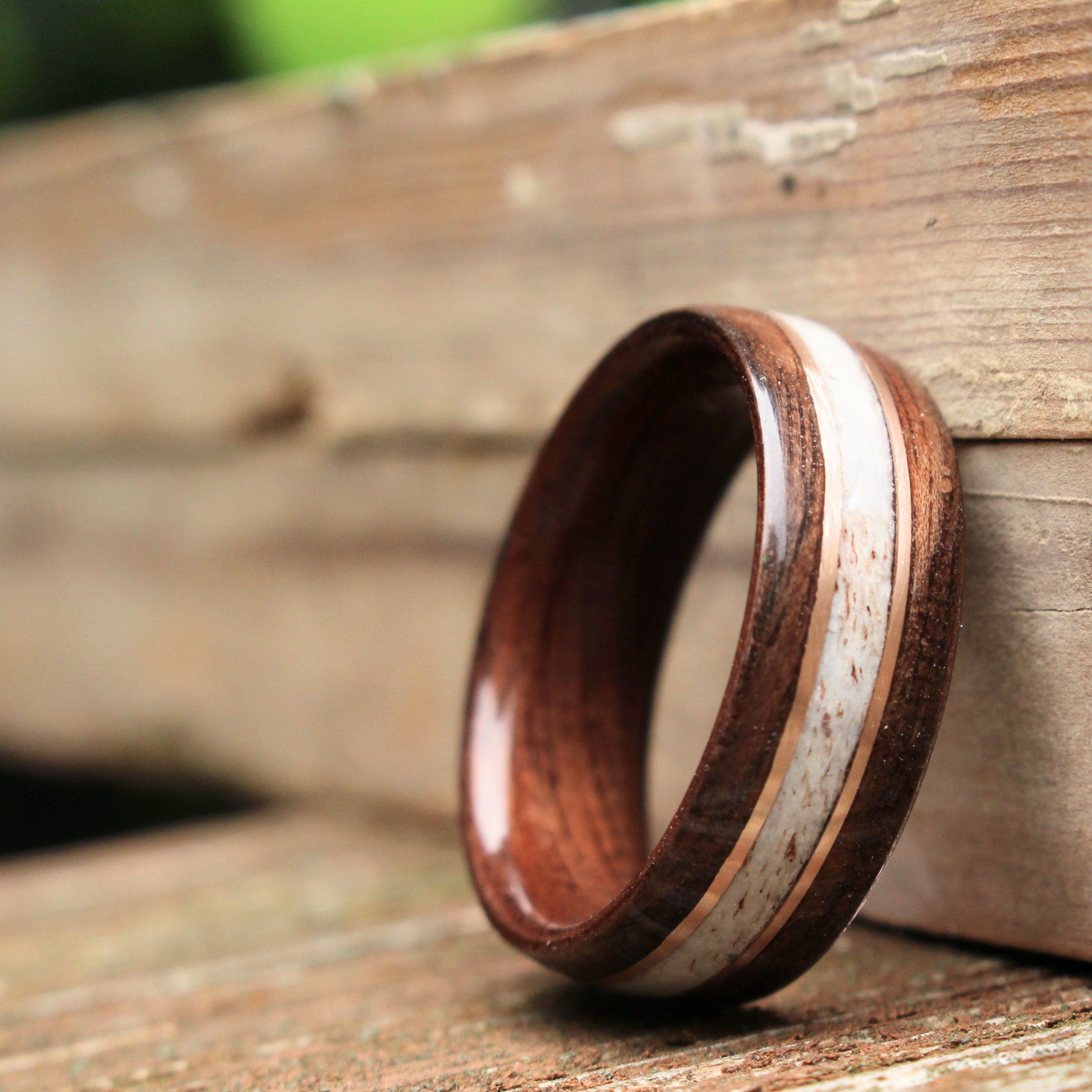 Rings - Antique Walnut Wood Wedding Ring With Colorado Elk Antler And Double Rose Gold Inlays