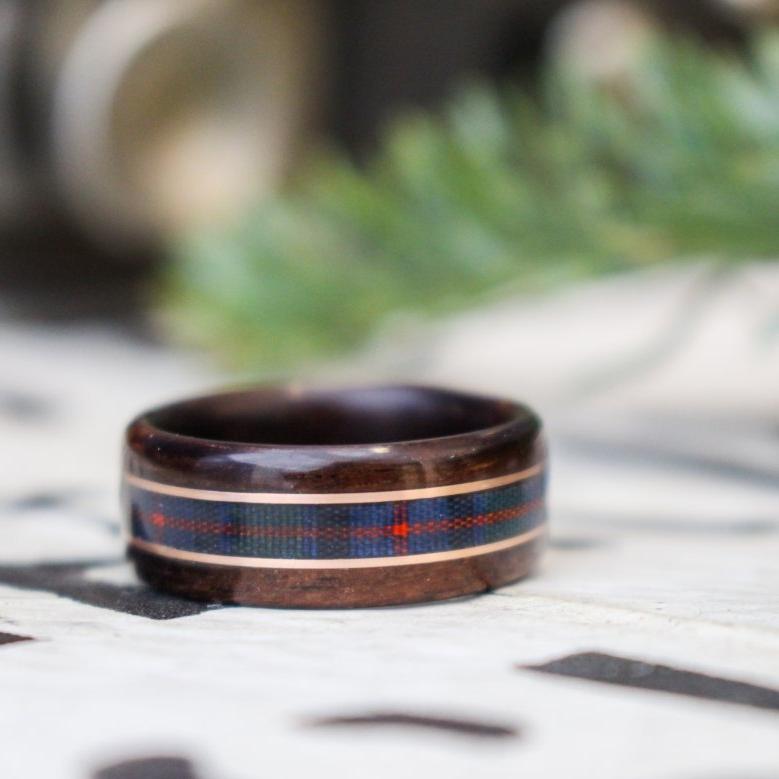 Rings - Celtic Tartan Wood Wedding Ring - Rosewood With Center Tartan & Dual Gold Inlays