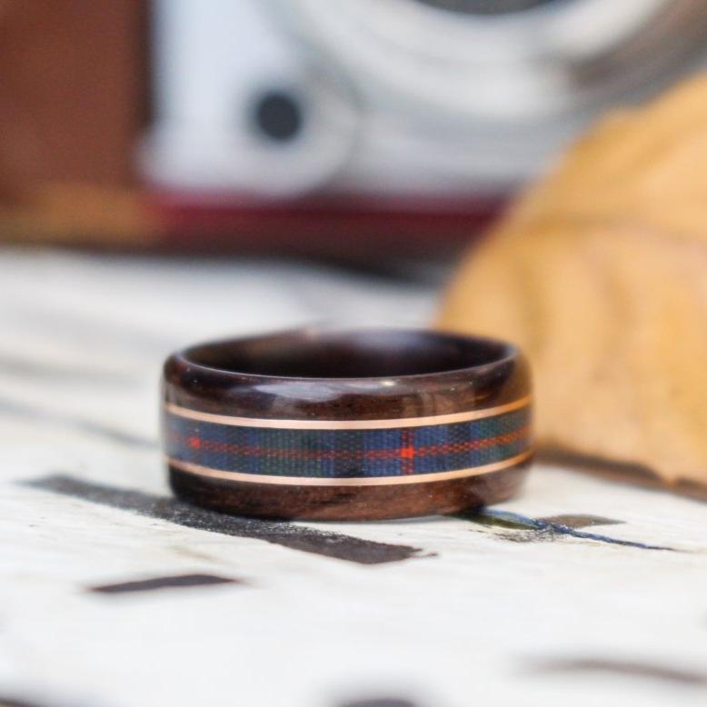 Rings - Celtic Tartan Wood Wedding Ring - Rosewood With Center Tartan & Dual Gold Inlays