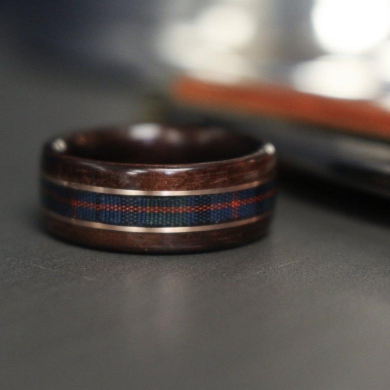 Rings - Celtic Tartan Wood Wedding Ring - Rosewood With Center Tartan & Dual Gold Inlays