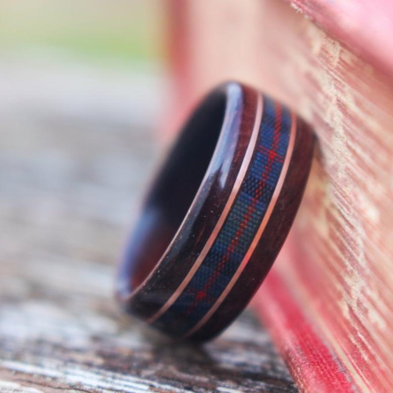 Rings - Celtic Tartan Wood Wedding Ring - Rosewood With Center Tartan & Dual Gold Inlays