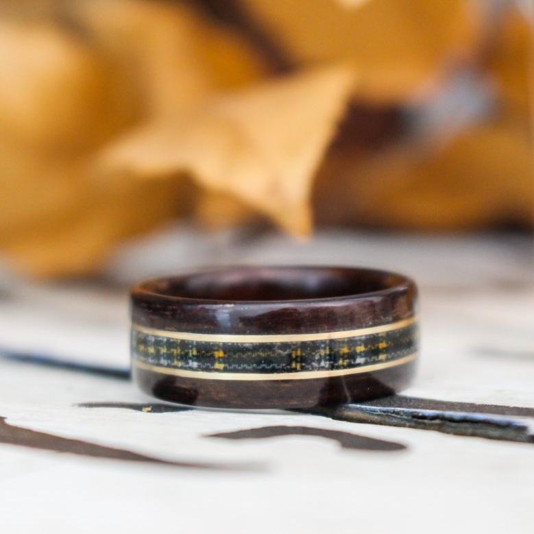 Rings - Celtic Tartan Wood Wedding Ring - Rosewood With Center Tartan & Dual Gold Inlays
